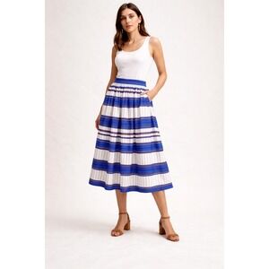 NOVIS Cotton Stripe Midi Skirt Pleated Waist Blue White Classic Feminine Sz 6